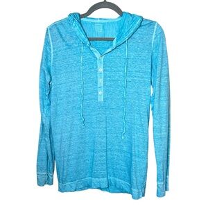 120% Lino Linen Henley Long Sleeve Pullover Hoodie Light Blue XS